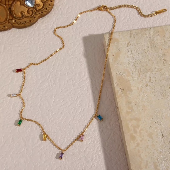 New 18K Gold Pink Square Zircon Pendant Necklace, nice Necklace, cute Necklace - Picture 3 of 5